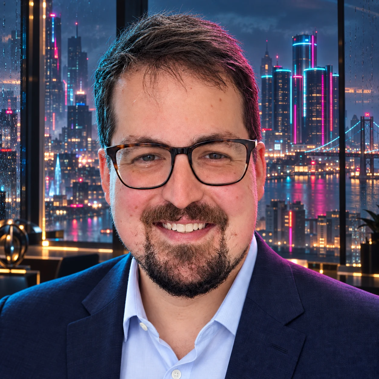 Joseph Carroll smiling, wearing glasses and a navy blazer, against a neon Detroit skyline