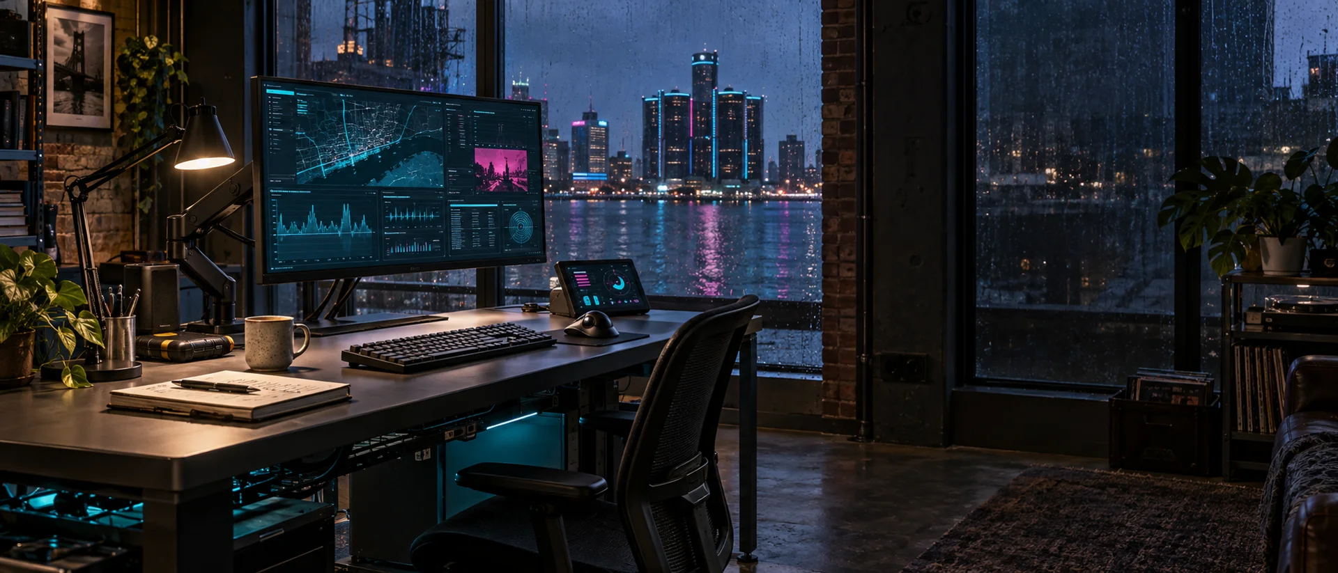An imagined future-Detroit workspace with mounted displays, a tactile workbench and a rainy riverfront view