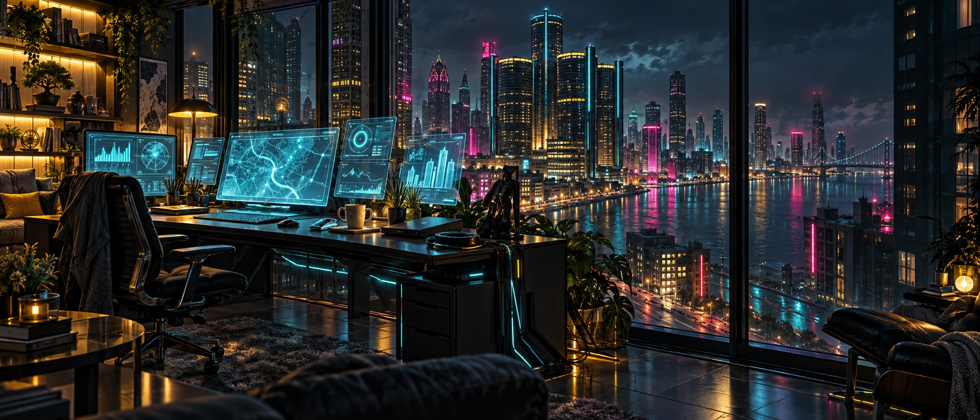 An imagined netrunner studio overlooking a neon Detroit riverfront
